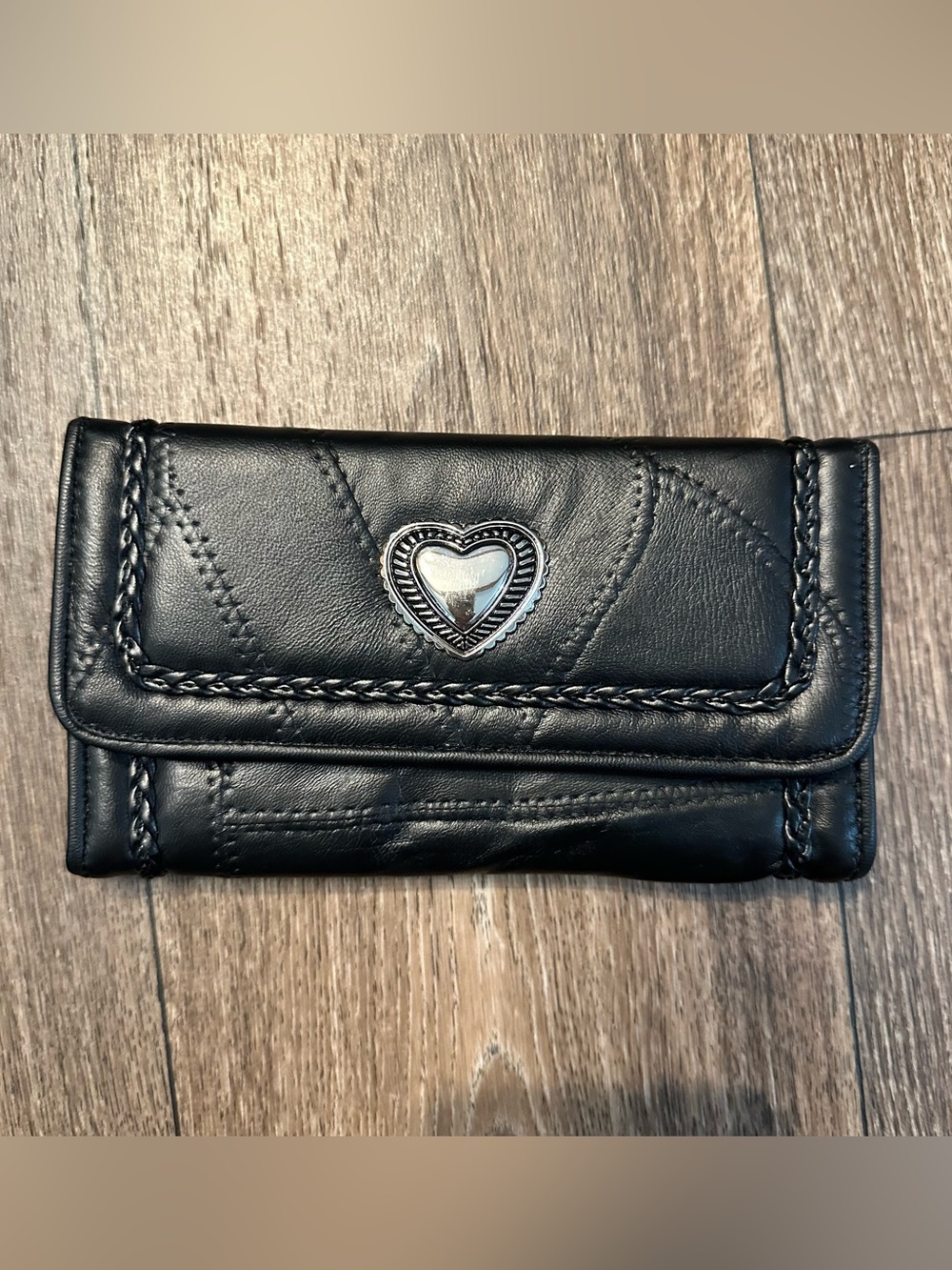 Black Genuine Leather Women's Wallet With Metal Heart Accent & Braided Trim